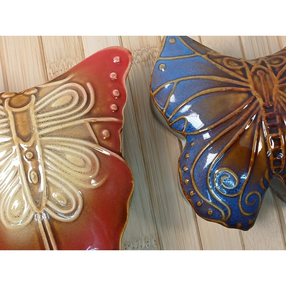 Vintage Ceramic Butterfly Trinket Box Set Red Blue Glazed Jewelry Keepsake 2pc